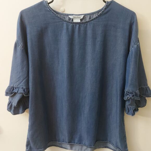 DizzyLissy Lightweight Denim Ruffle Top M Boho Festival Casual Lightweight Boho - Picture 5 of 10